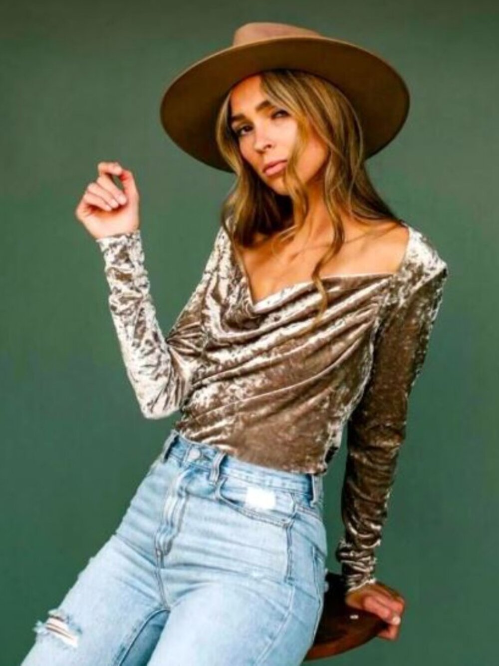 Free People Velvet Perfect Date Top XS Taupe Brown Cowl Neck Long Sleeves Boho
